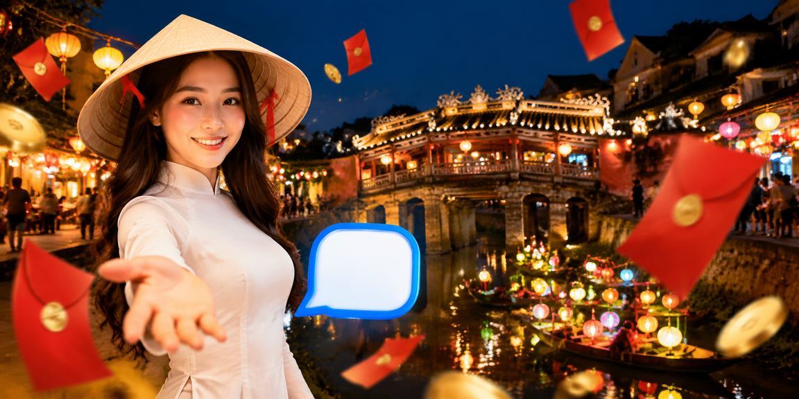 Người phụ nữ đội nón lá tại Hội An cầm phong bao đỏ trong không khí lễ hội